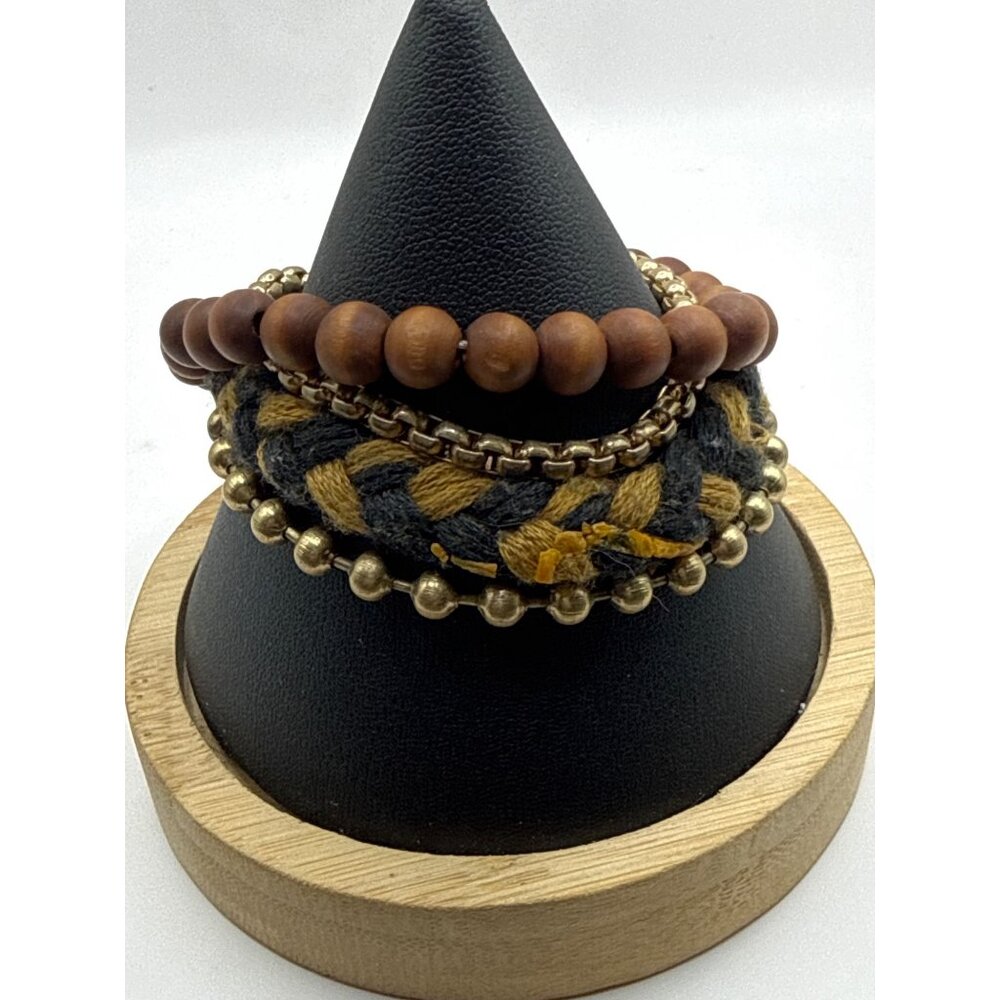 Mens Bohemian Wooden Bead Braided Rope Ball Chain Bracelet